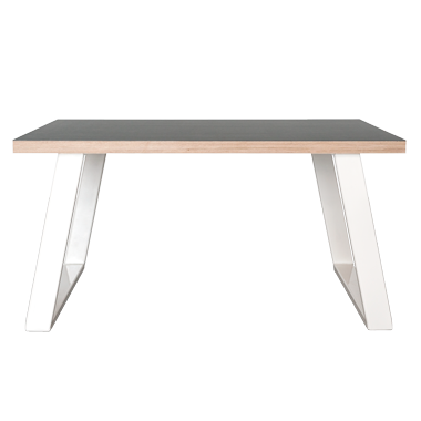 Sofabord med hvide u-shaped concave bordben i metal med linoleums bordplade