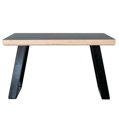 Sofabord med sorte u-shaped concave bordben i metal med linoleums bordplade