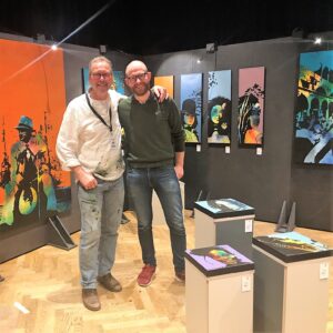 Podier til udstilling af billeder i linoleum farver powder og olive